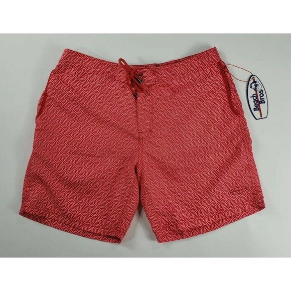 Beach Bros. Swim Beach Bros Mens Trunks Red White Geometric Design